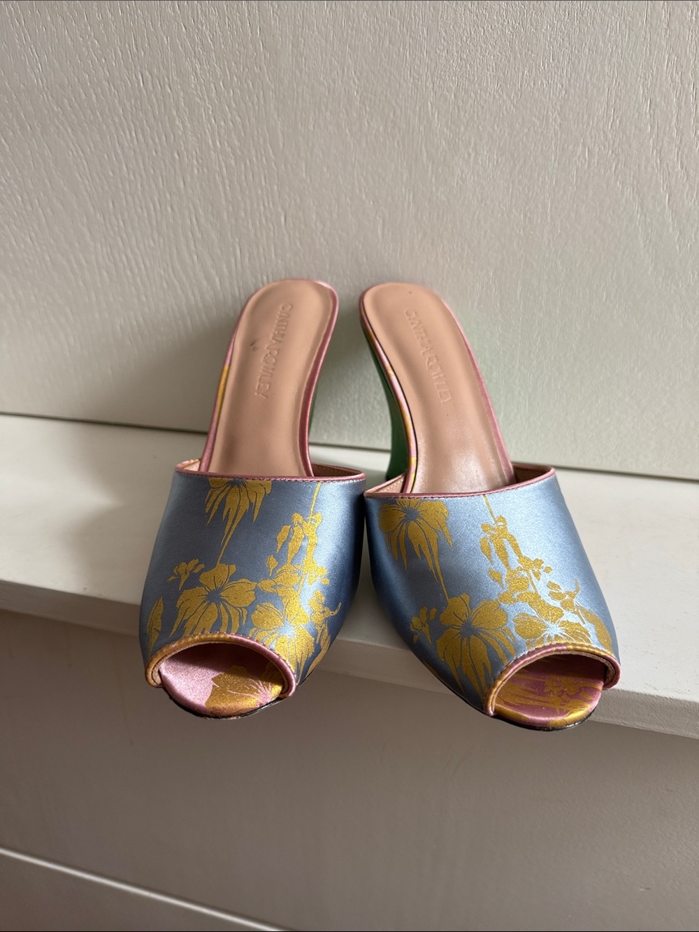 Cynthia Rowley Green and Silver Floral Satin Mules - Picture 5 of 8